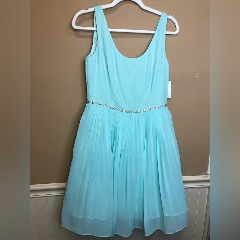 A.drea Aqua Blue Pleated Bottom Dress Bling Waistline Size M Juniors NWT